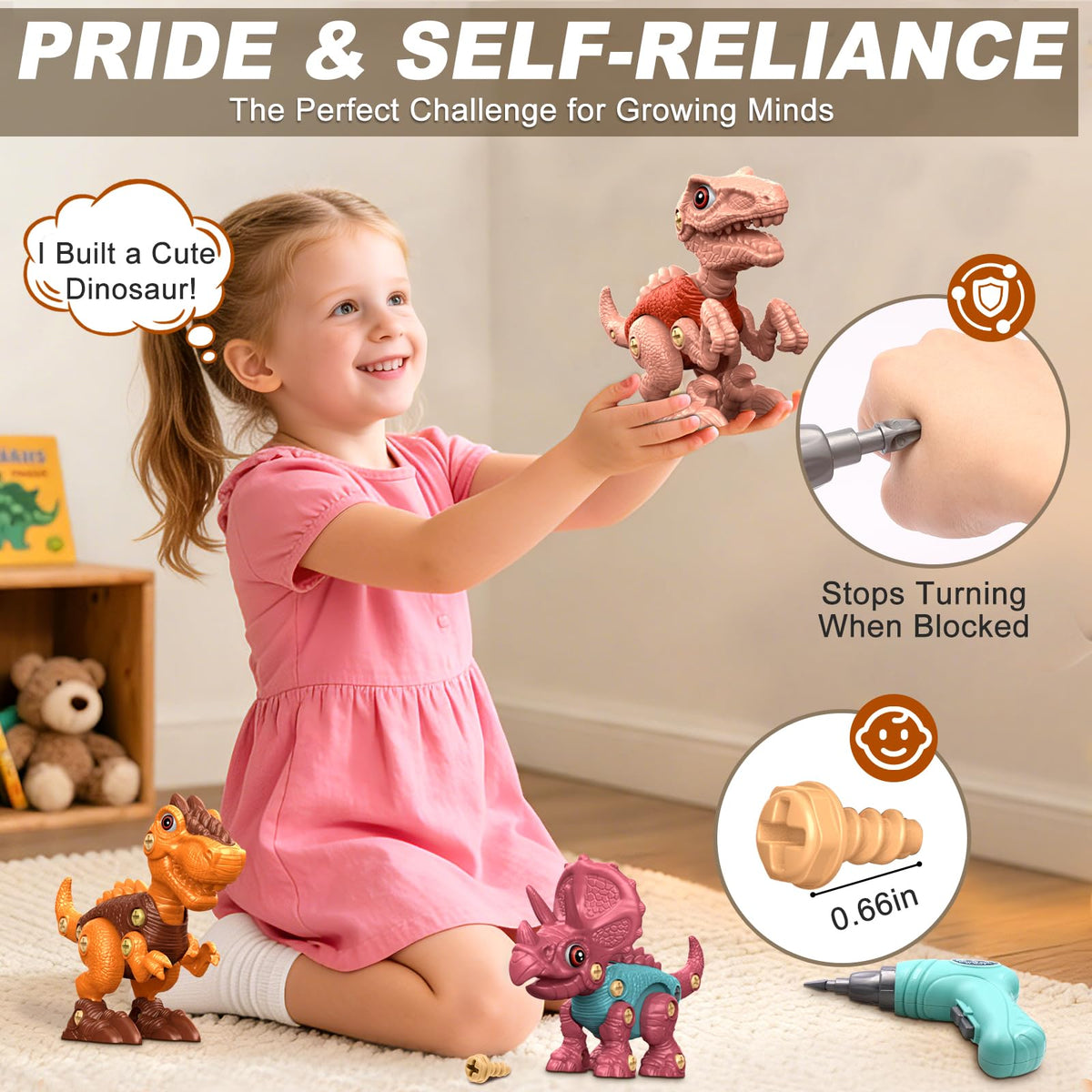 Laradola green Triceratops parts shown for hands-on exploration and problem-solving.
