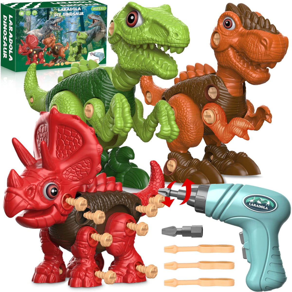 Laradola dinosaur take-apart kit parts shown for hands-on construction and imagination.