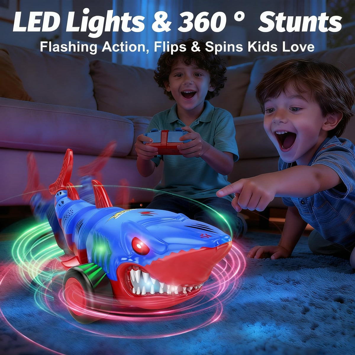 Laradola Shark RC car LED lights brighten playtime indoors or outdoors.