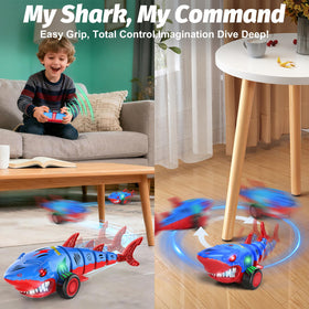 Laradola Shark RC car with all-terrain wheels conquering rough surfaces.