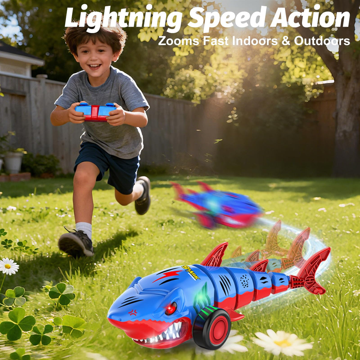 Laradola Shark RC car top view highlighting compact size for ages three to six.