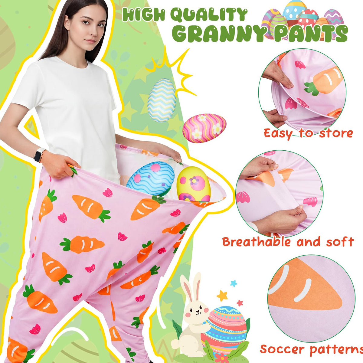 LaRandom Granny Pants pattern with bold Easter design for family picnics.