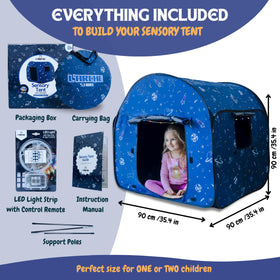 L'Arche sensory tent uses battery-powered LED lights for portable ambiance.
