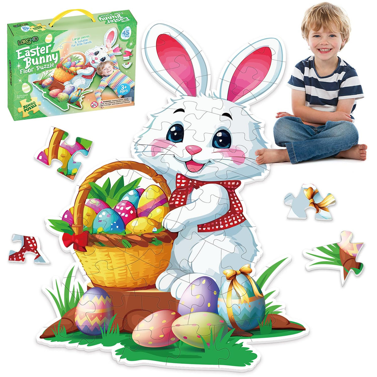 Larchio Easter floor puzzle 45-piece bunny boosts independent play and fine motor skills.
