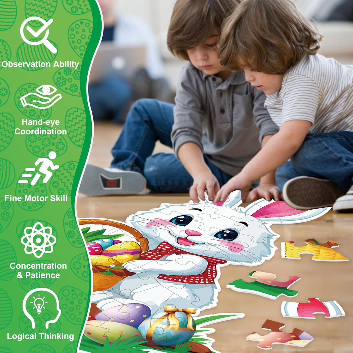 Larchio Easter floor puzzle kids playing; screen-free activity for imagination.