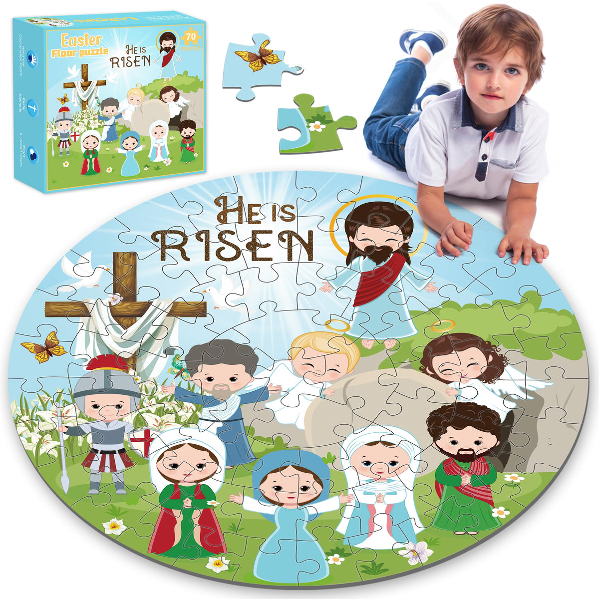 Larchio He Is Risen 70pc floor puzzle—kids build together to explore the Easter story