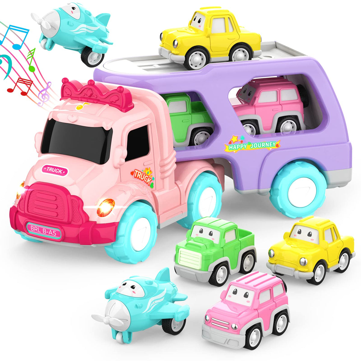 LASCOTON 5-in-1 carrier truck set with trailer and mini vehicles for pretend play.
