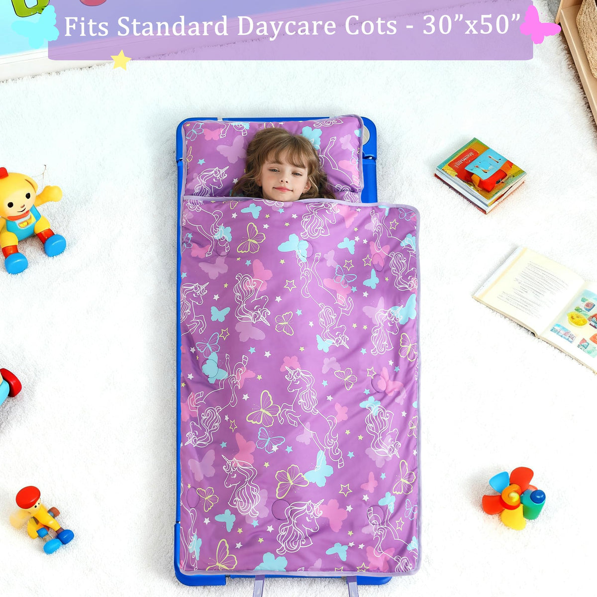 Lasoftan nap mat with soft Minky blanket for cozy rests.