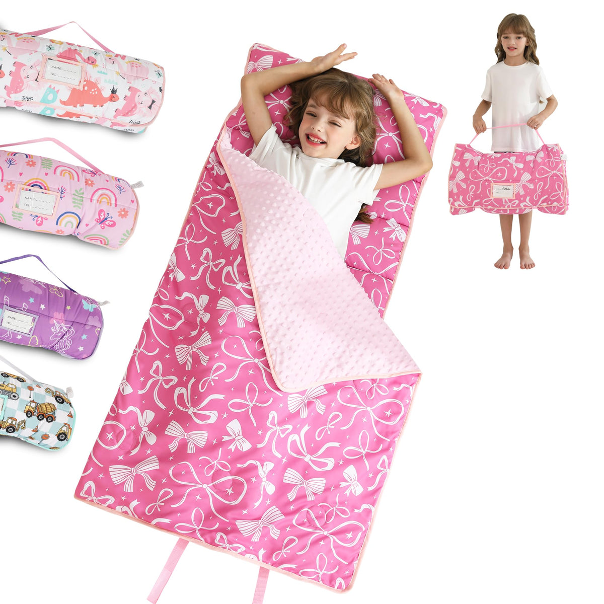 lasoftan toddler nap mat rolled up with handle for easy transport.