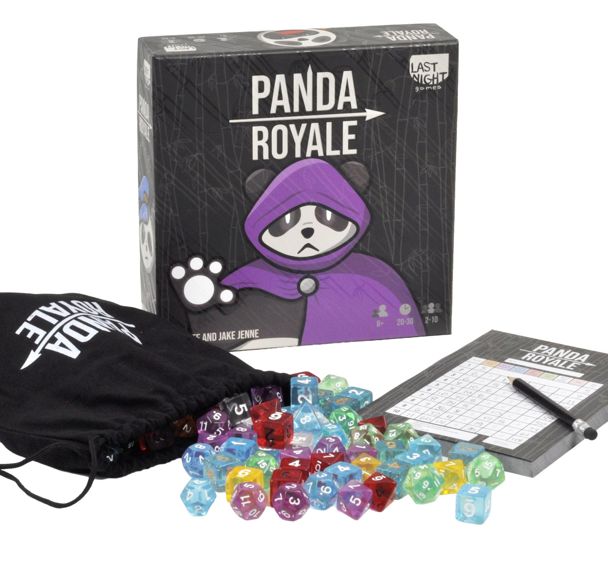 Last Night Games Panda Royale dice set with seven translucent colors for strategic play.