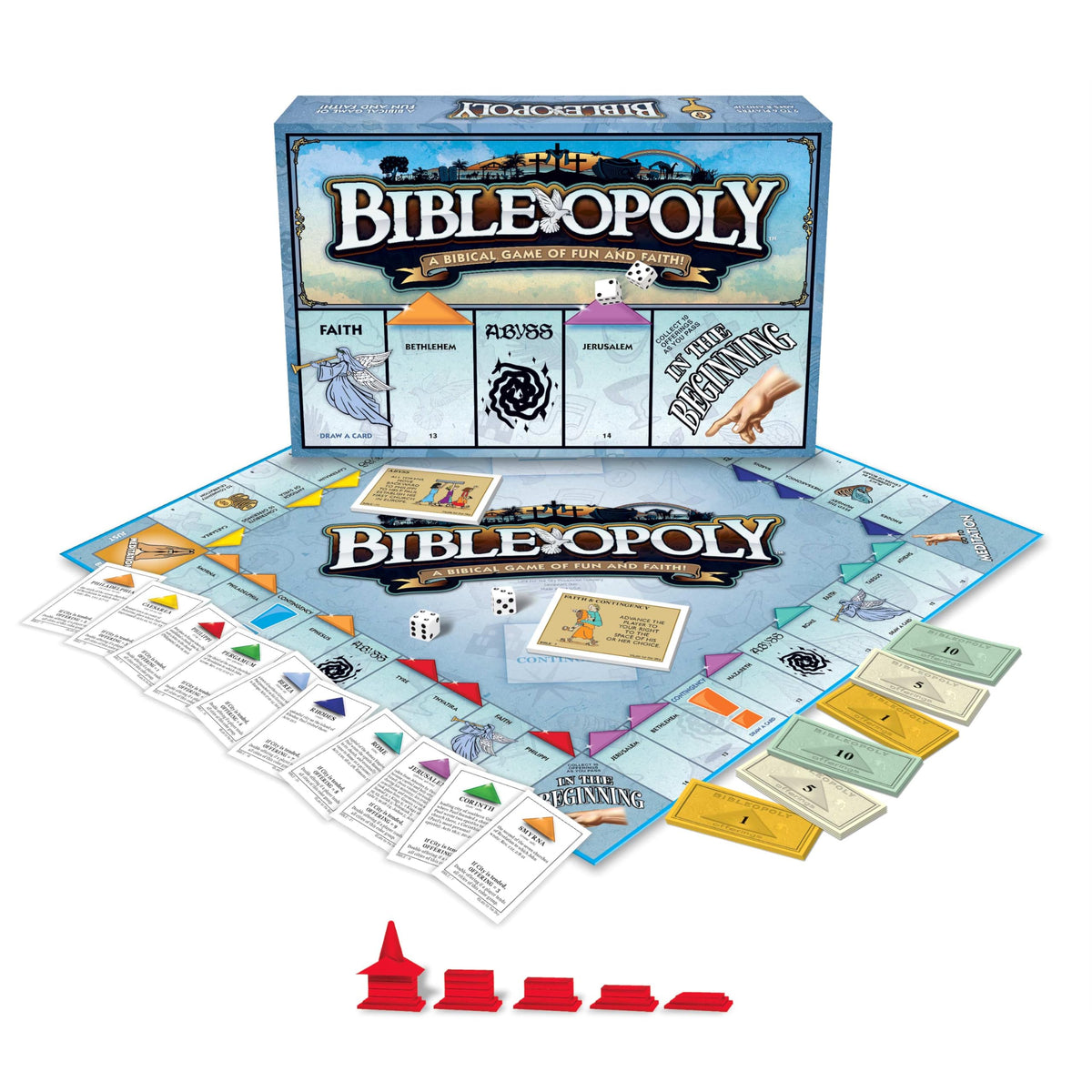 Late for the Sky Bibleopoly bright city markers visualize Bible cities for strategic learning.