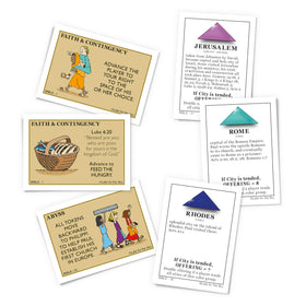 Late for the Sky Bibleopoly city cards reveal biblical history and verses during play.