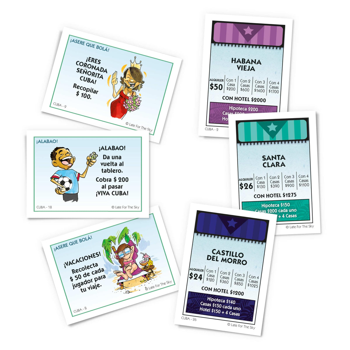 Late for the Sky Cuba-Opoly cards illustrating events and strategy