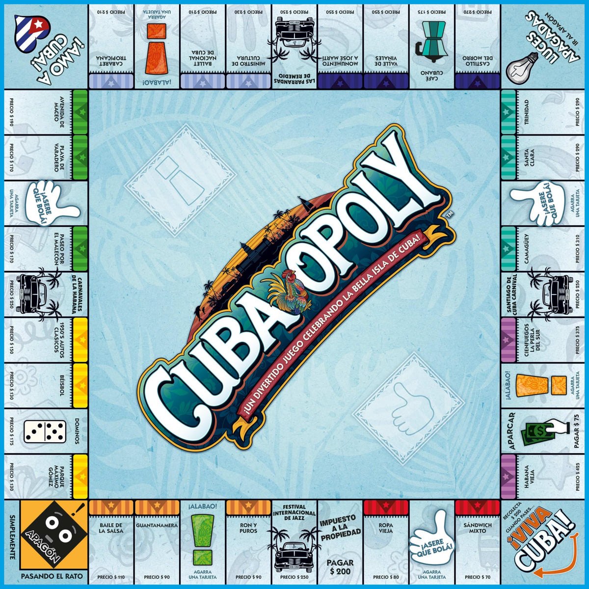 Late for the Sky Cuba-Opoly play money and dice ready for play