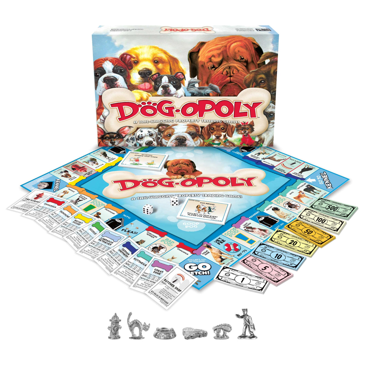 Late for the Sky Dog-Opoly breed cards reveal dog facts during play.