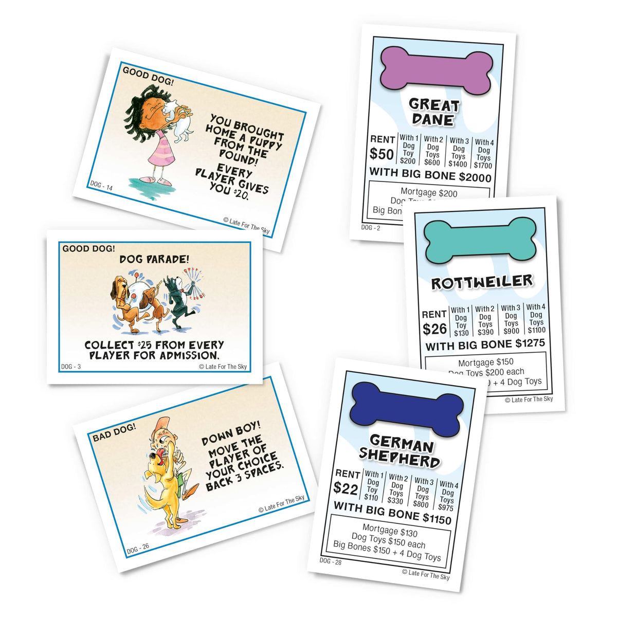 Late for the Sky Dog-Opoly game pieces and dog houses add tactile charm.