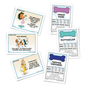 Late for the Sky Dog-Opoly game pieces and dog houses add tactile charm.