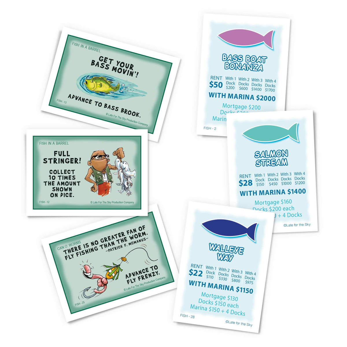 Late for the Sky Fishin'-Opoly dice capture rolling excitement for strategic play.