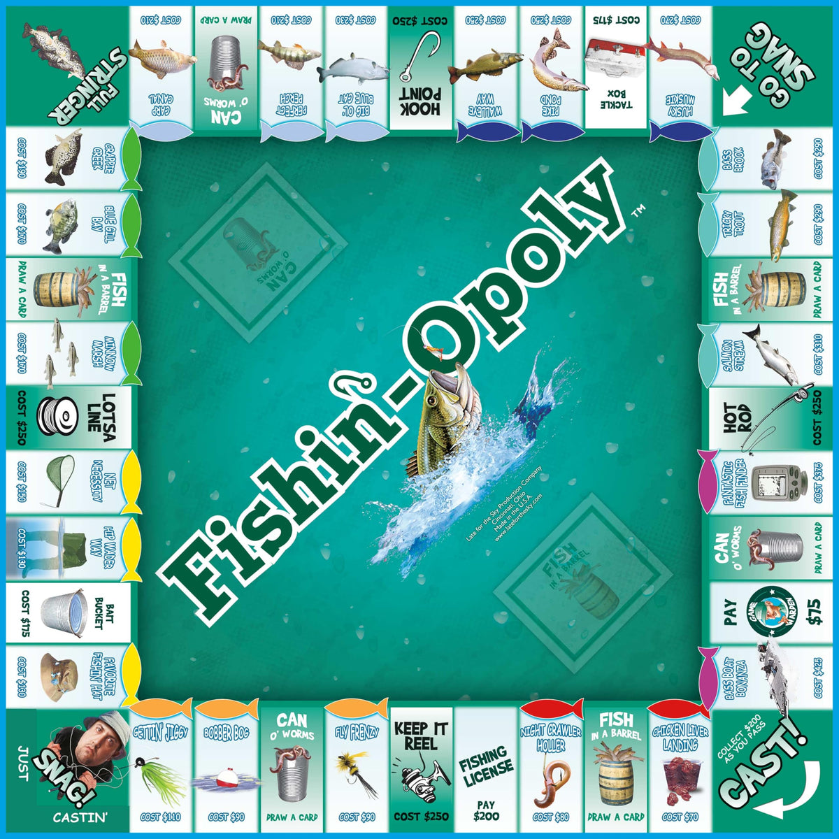 Late for the Sky Fishin'-Opoly property cards show fisher-inspired locations for trades.