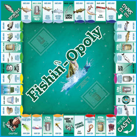 Late for the Sky Fishin'-Opoly property cards show fisher-inspired locations for trades.