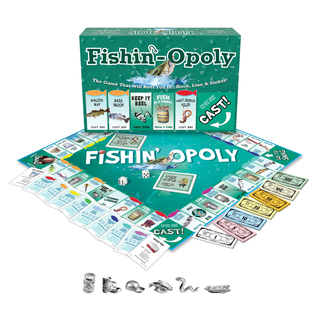 Late for the Sky Fishin'-Opoly tokens provide sturdy pieces for lively trading.