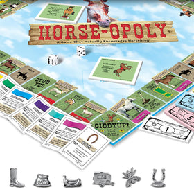 Late for the Sky Horse-Opoly box and packaging feature vibrant horse-themed art