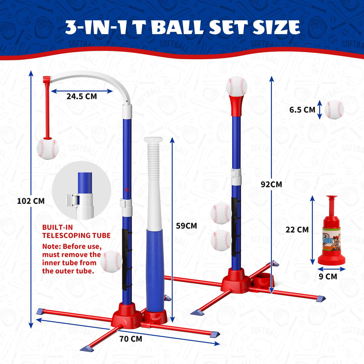 Latioi 3-in-1 T-Ball Set fixed standing tee supports steady swing training.