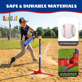 Latioi T-Ball base with ground stakes prevents tipping during play.