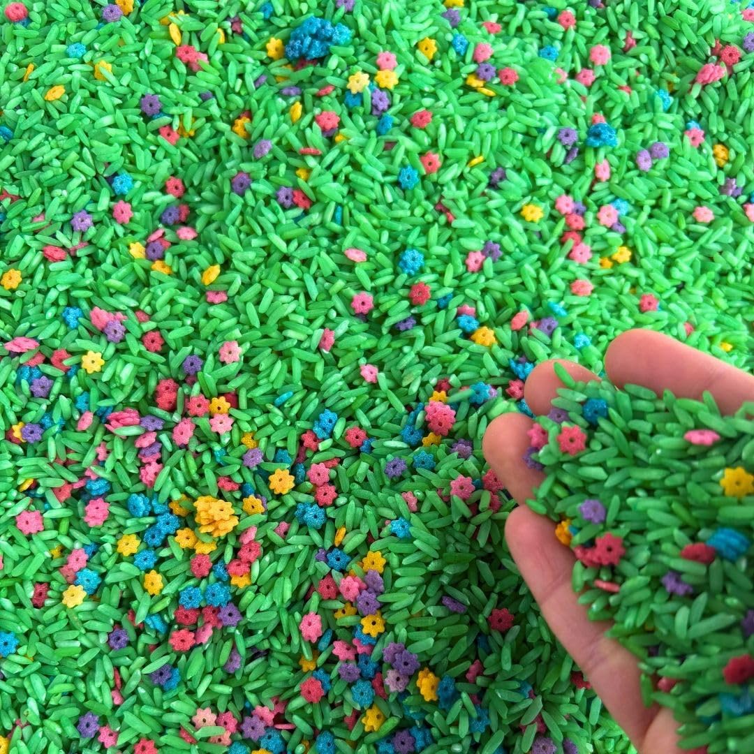 Lattooland Spring sensory rice bin with pastel colors for creative, hands-on exploration