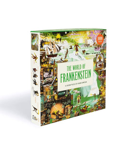 Laurence King World of Frankenstein puzzle cover with iconic scenes for immersive solving