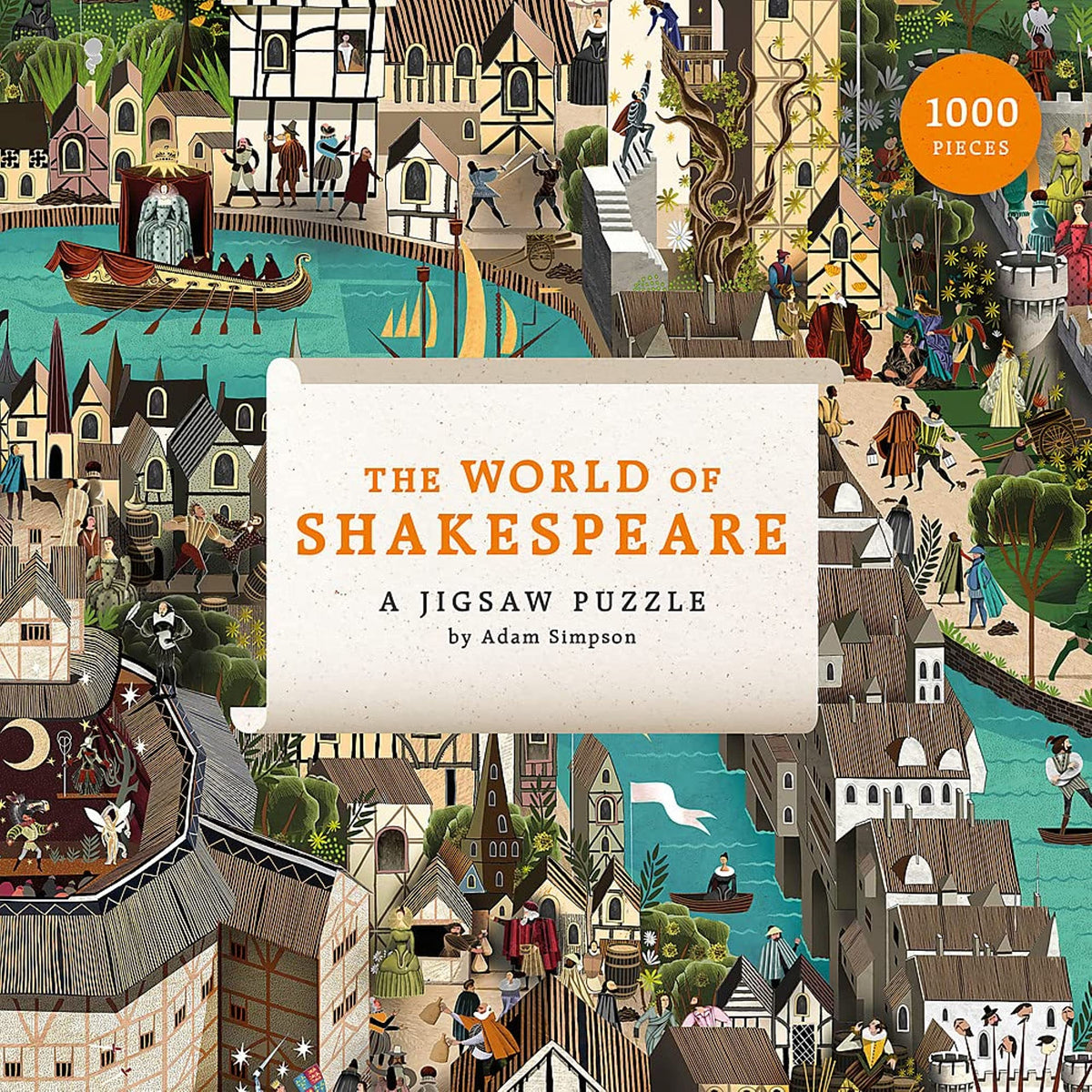 Laurence King World of Shakespeare puzzle cover shows detailed London scene for a mindful challenge.