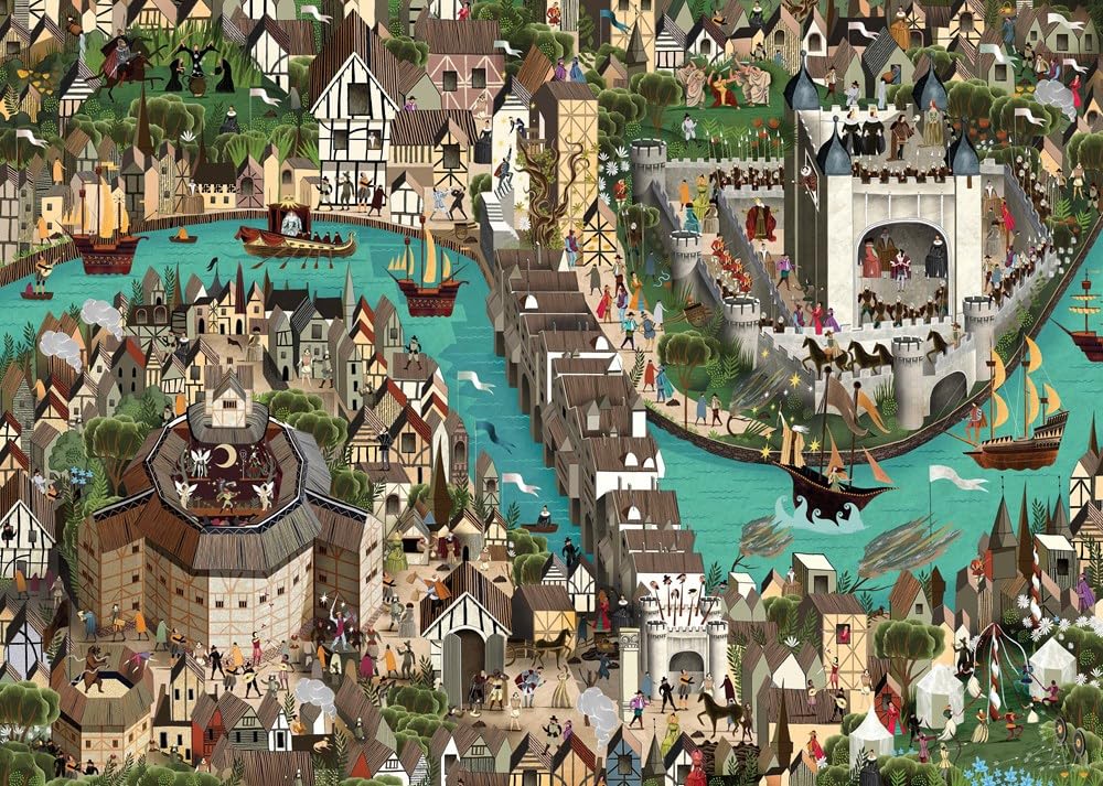 Laurence King World of Shakespeare puzzle street scene highlights bustling London and period characters.