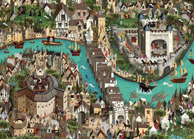 Laurence King World of Shakespeare puzzle street scene highlights bustling London and period characters.