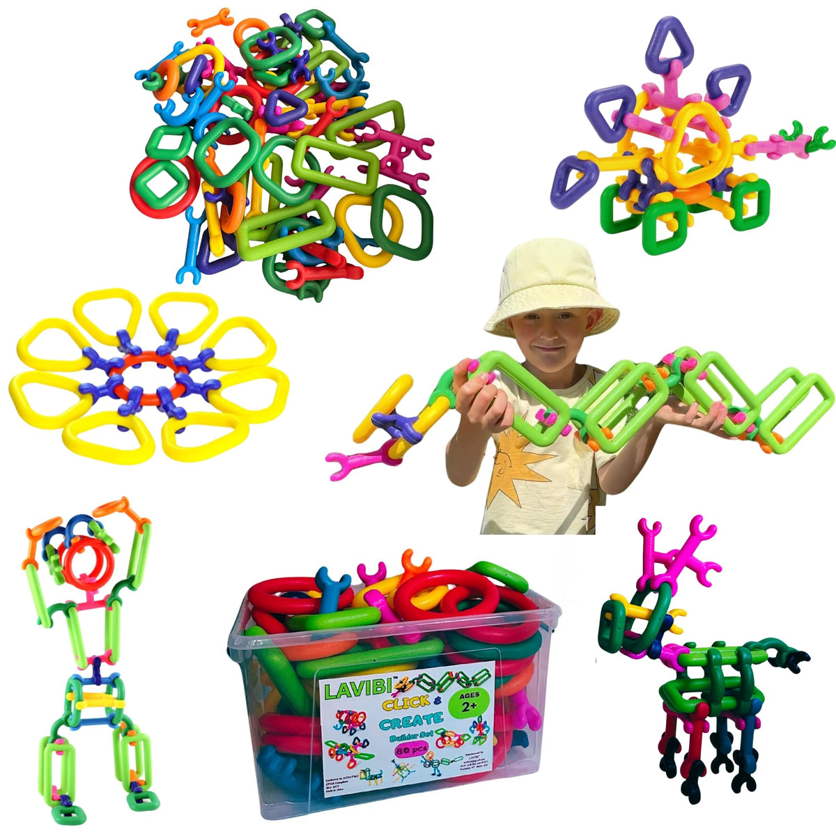 LAVIBI Click and Create 80-piece set front view for creative play.