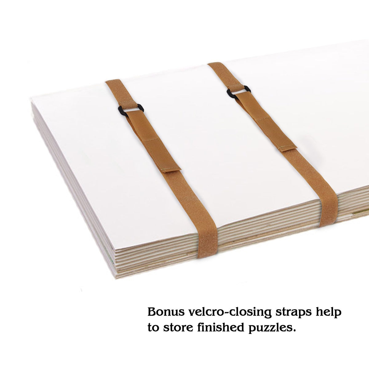 Lavievert two storage straps securing completed puzzles for stacking.