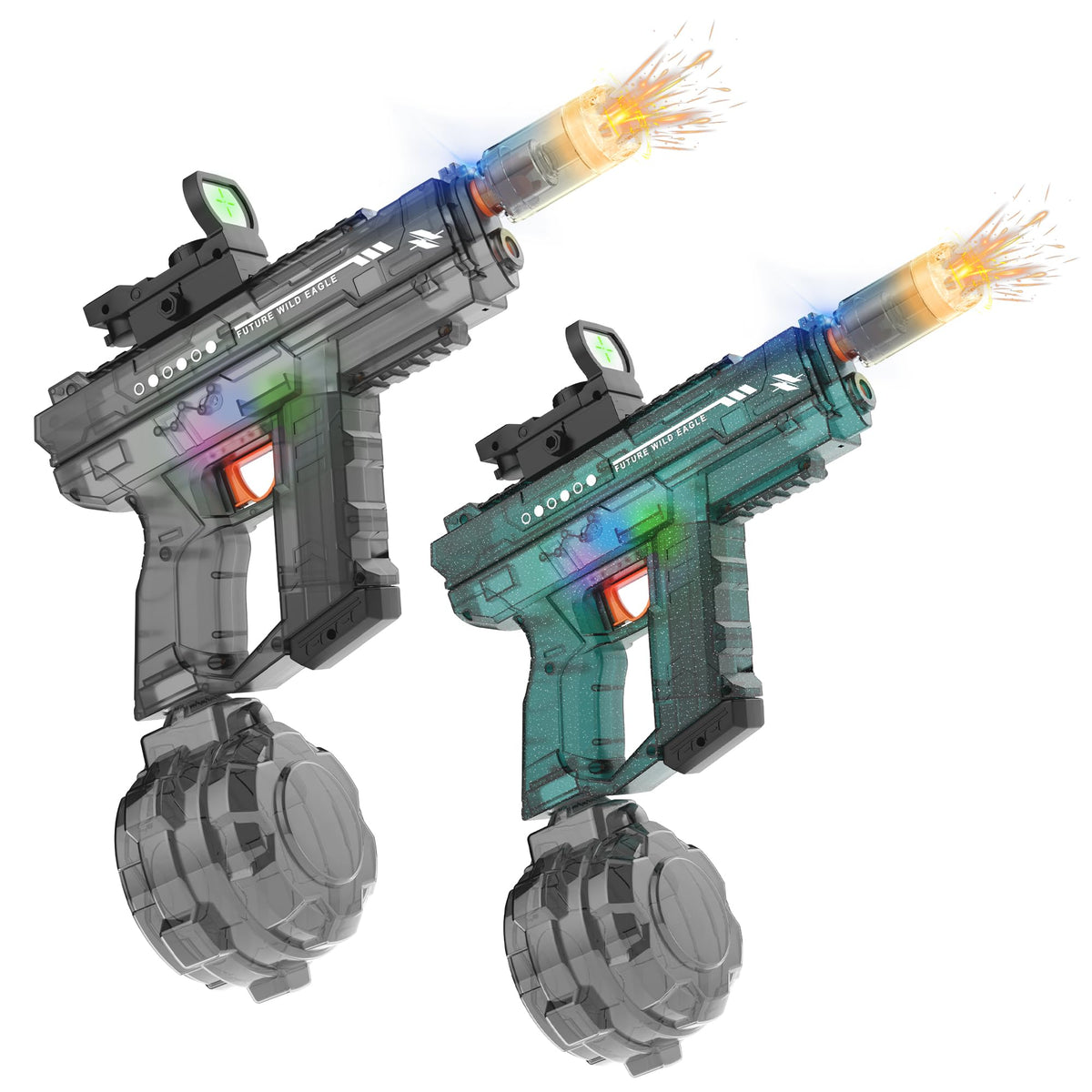 Lawdiey electric water gun front view with sight ideal for authentic backyard battles.