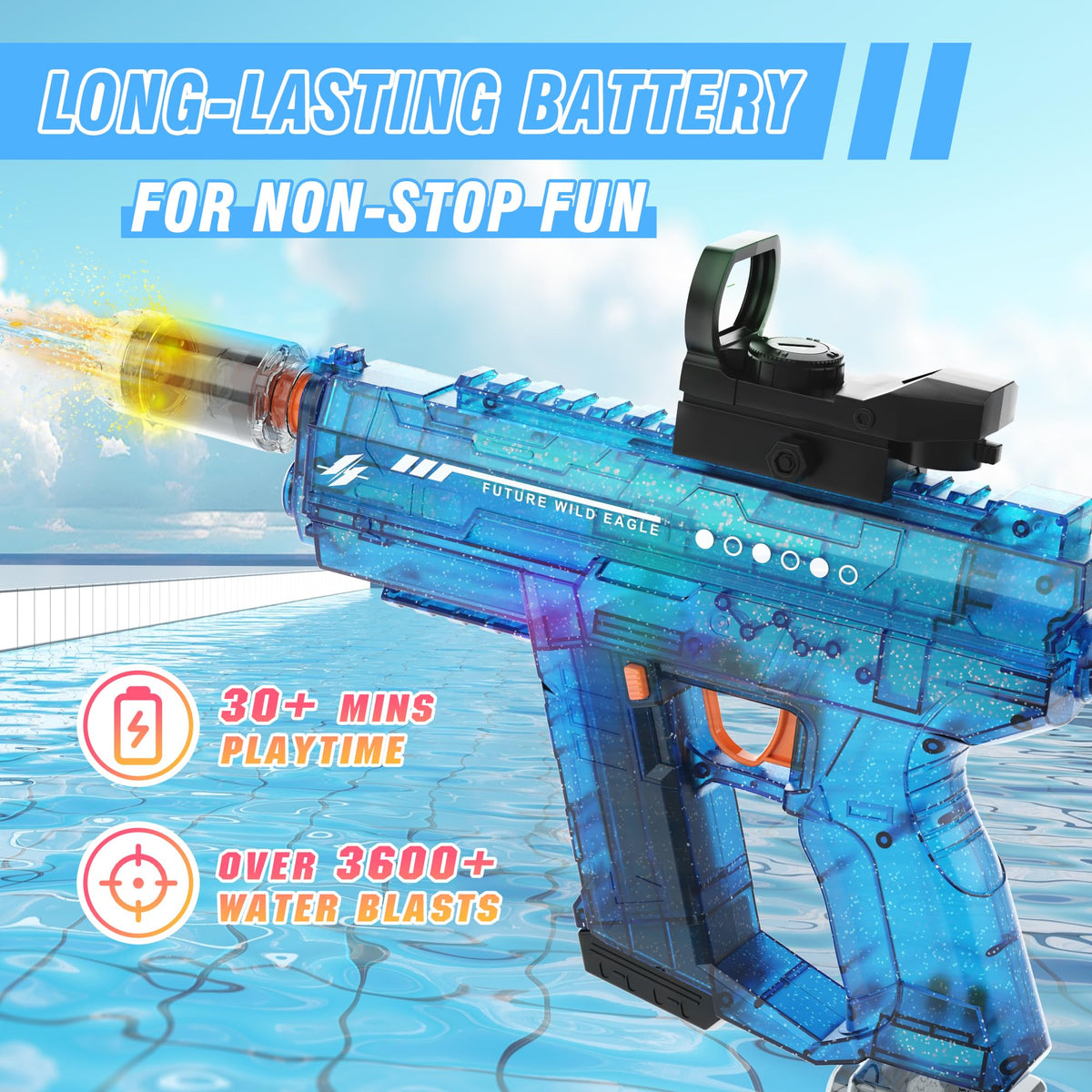 Lawdiey water gun delivers 30+ minutes of play on a single charge.
