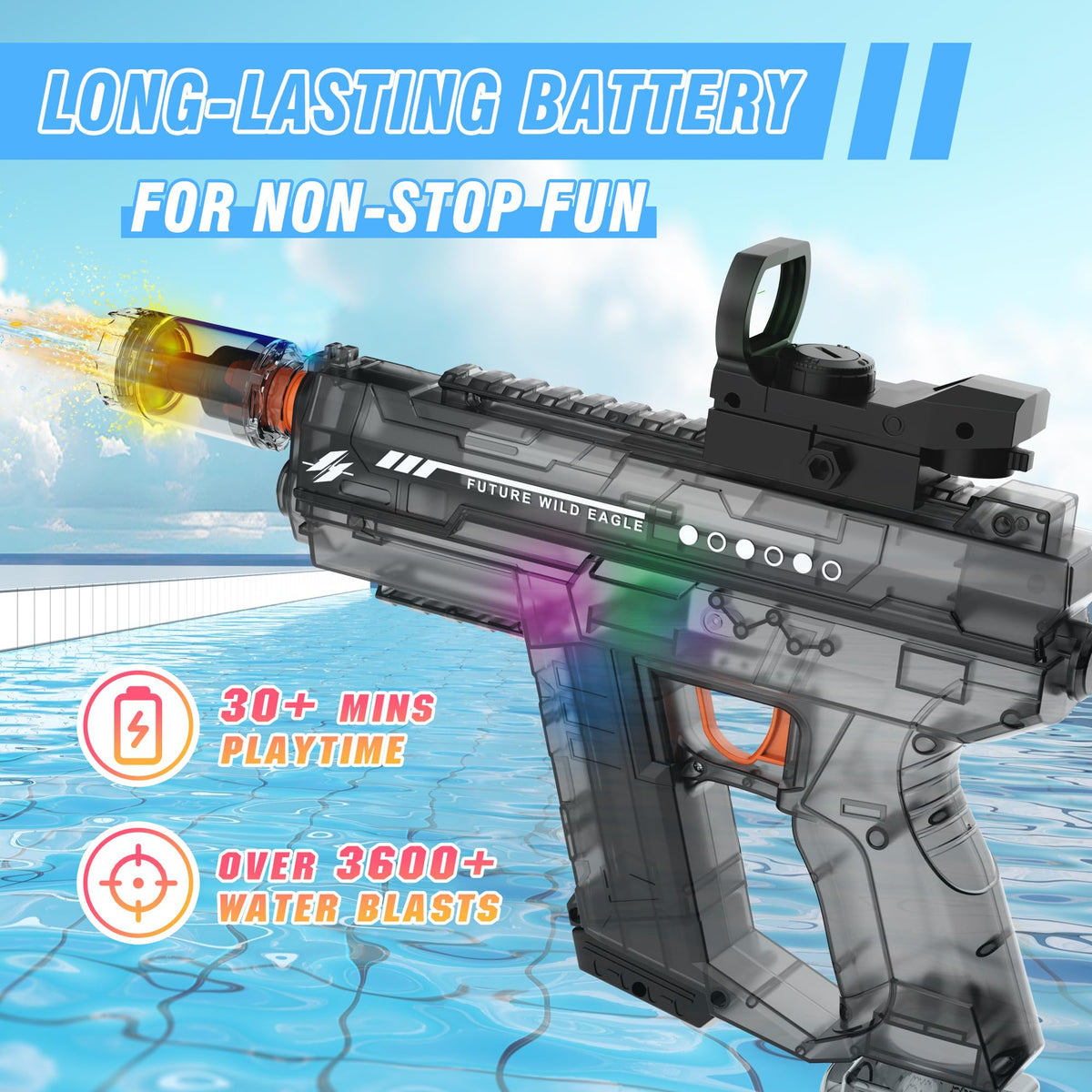 Lawdiey long-range gun shoots up to 32 feet for wide play.