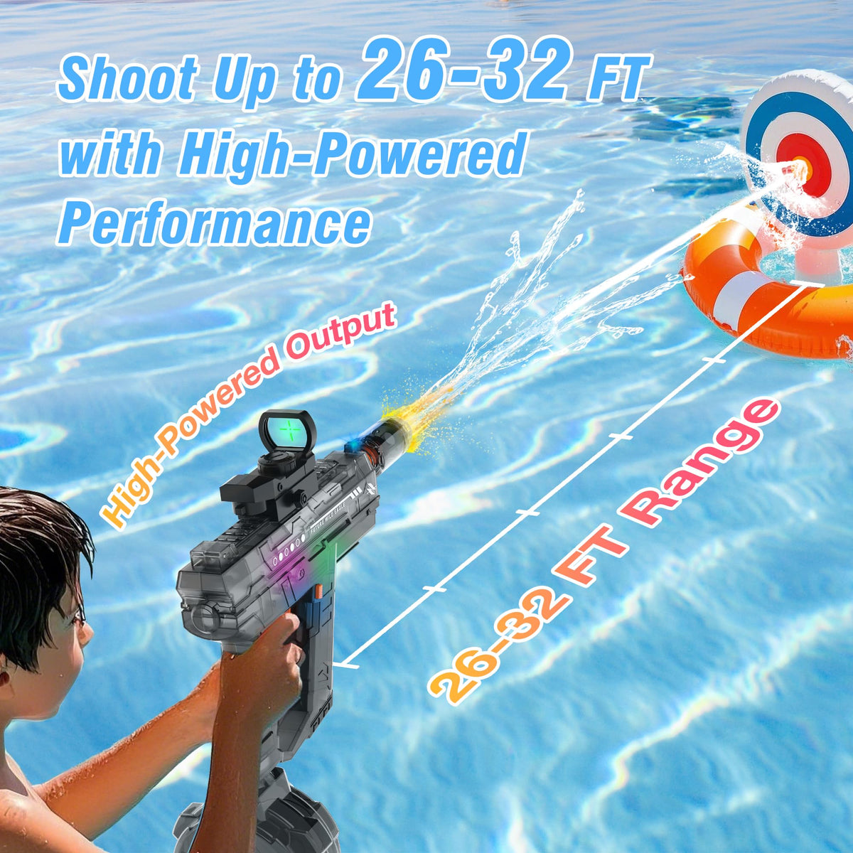 Lawdiey water gun muzzle flame light enhances dramatic effects.