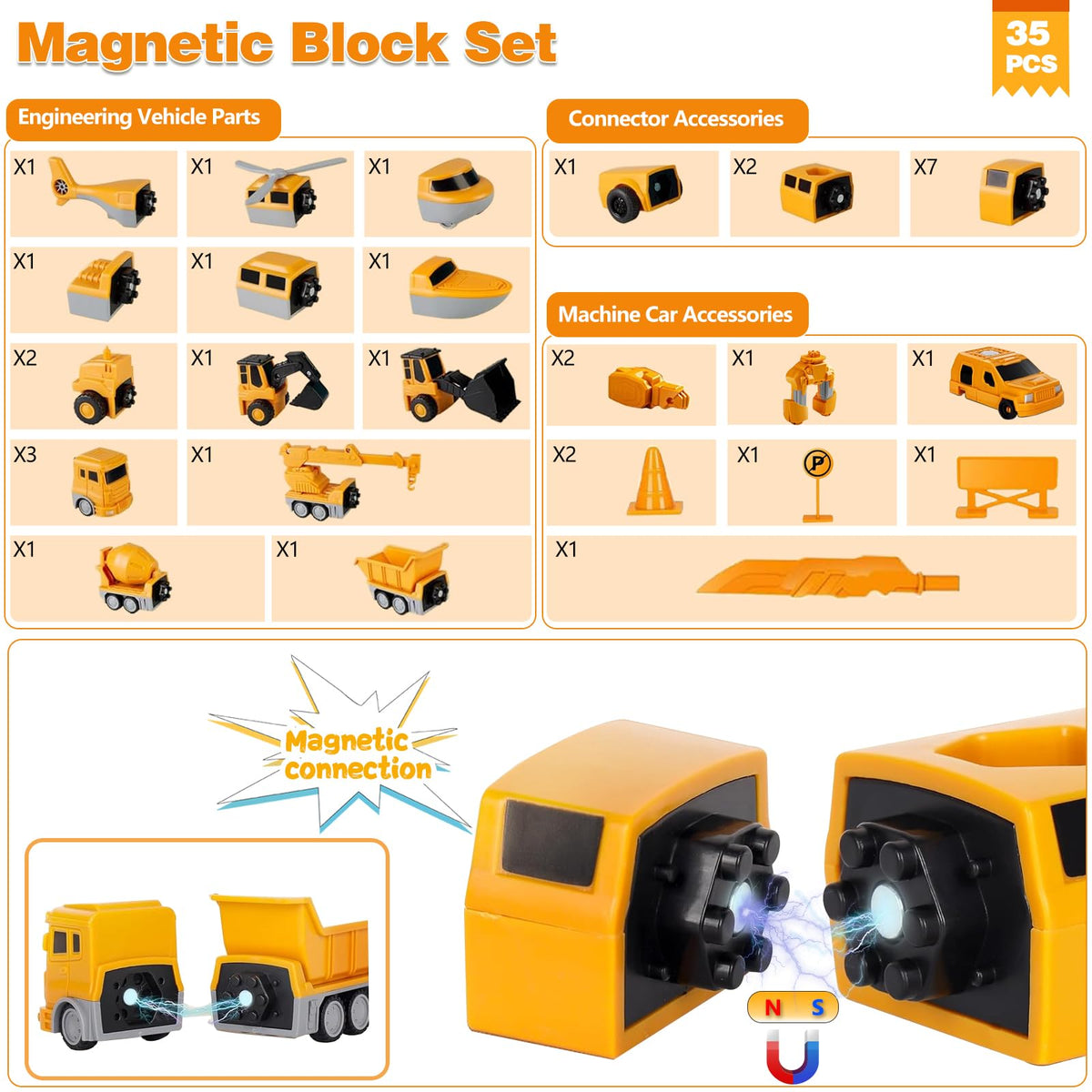 Lawfig magnetic transform bulldozer showing chunky pieces that fit securely for hands-on play.