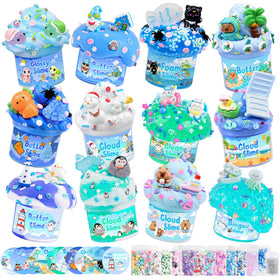 LAWOHO 12-pack blue slime kit showcasing multiple textures for creative play and sensory exploration