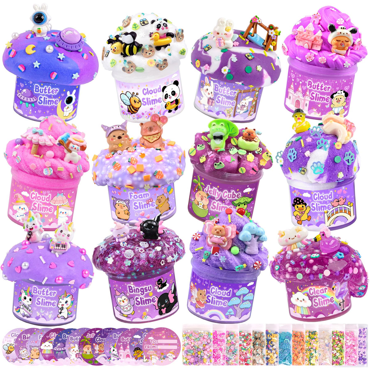 LAWOHO 12-pack slime kit containers show vibrant purple slime for creative play
