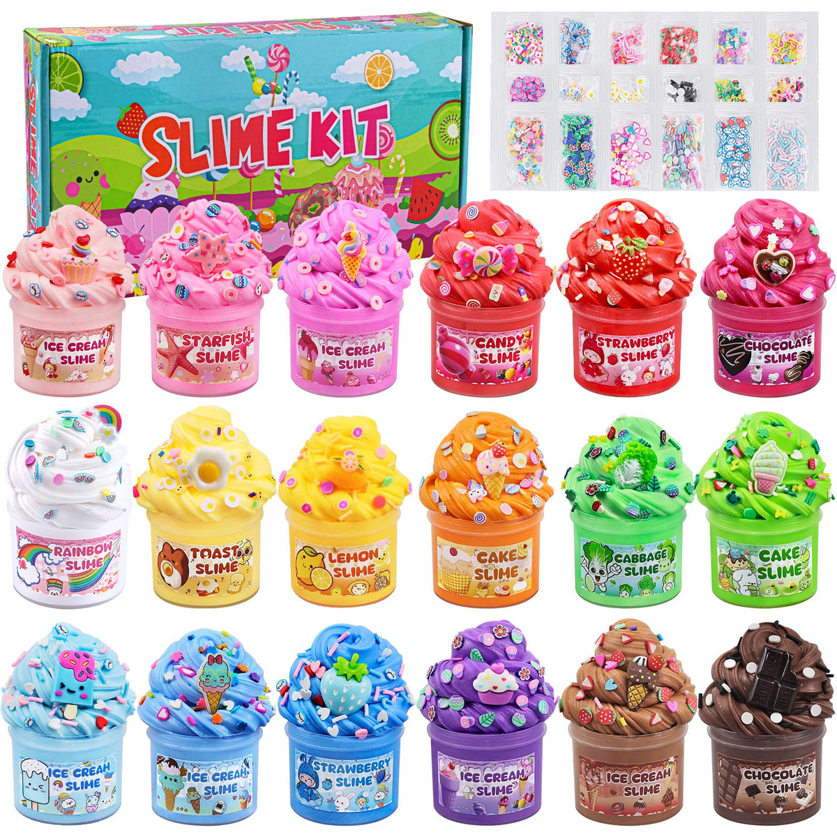LAWOHO 18 color butter slime kit with jars showing vibrant hues for creative play