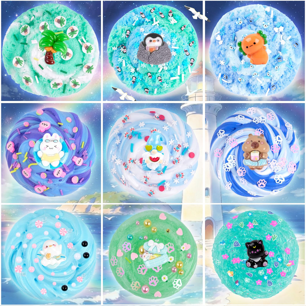 LAWOHO green and blue cloud slime showing fluffy stretch and playful color mix
