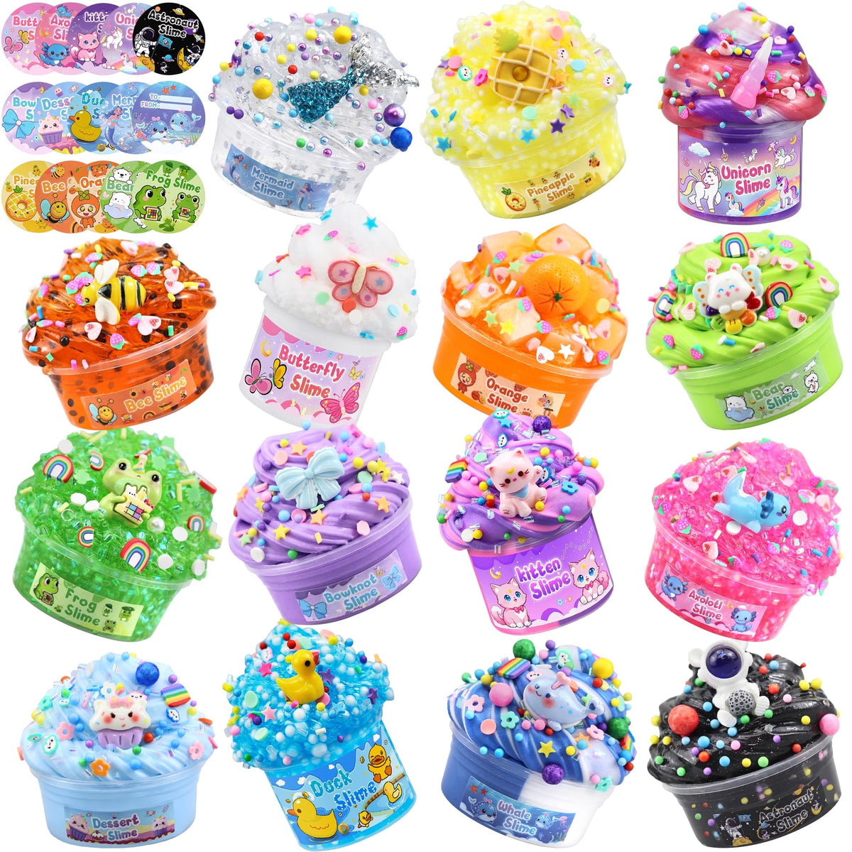LAWOHO slime kit 15-pack collection shows vibrant textures for creative play and classroom prizes.