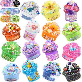 LAWOHO slime kit 15-pack collection shows vibrant textures for creative play and classroom prizes.