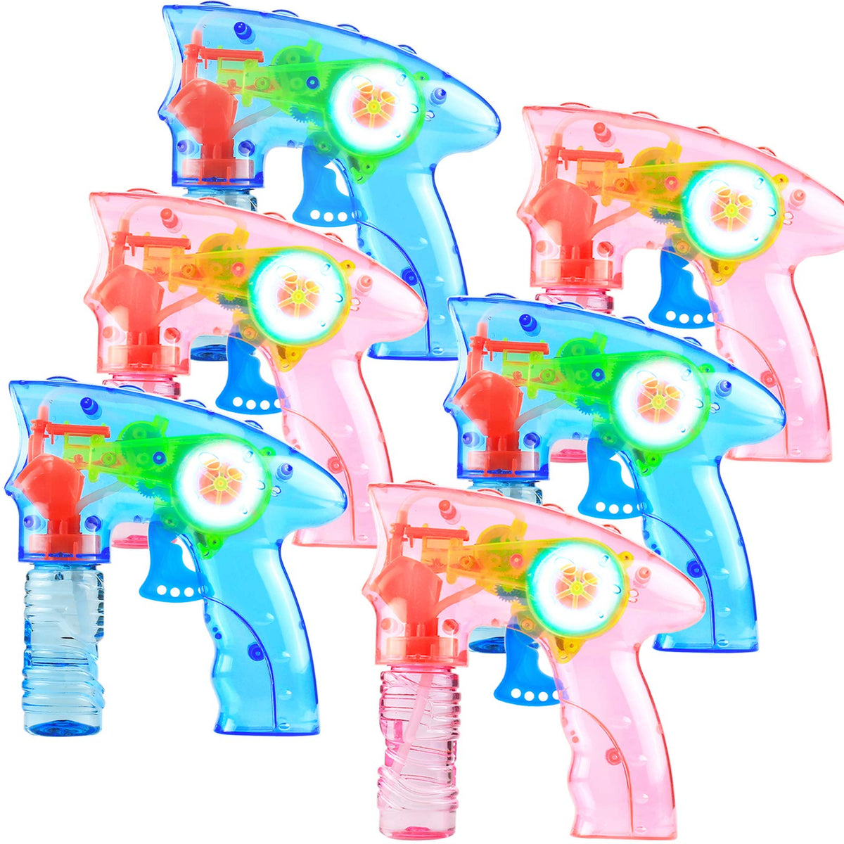 Laxdacee Bubble Guns LED light up 6-pack shown in vibrant blue and red for outdoor fun.
