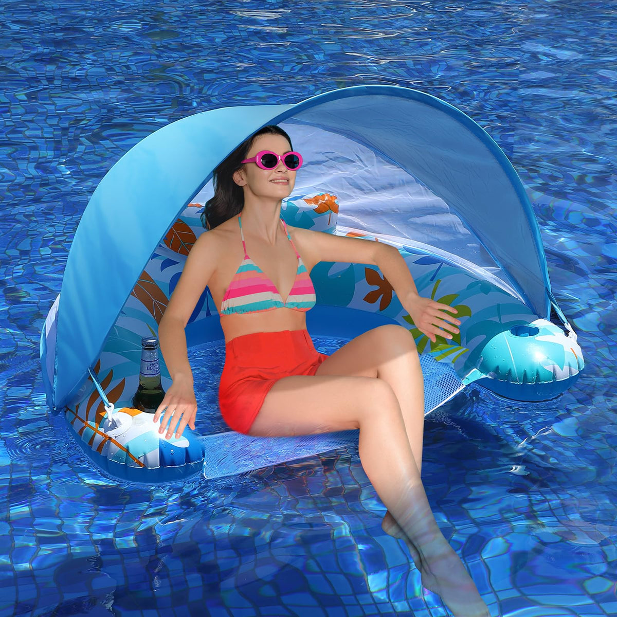 LAYCOL adult inflatable pool chair canopy provides shade for sunny days at the pool