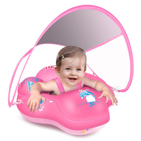 LAYCOL baby float with canopy pink offers sun protection for infants on the go