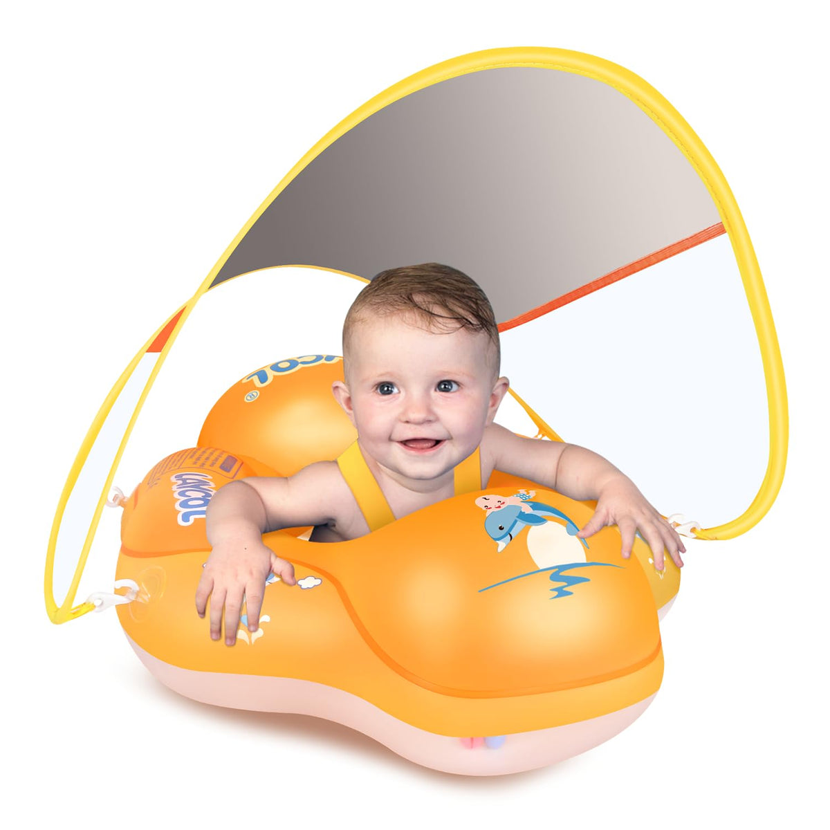 LAYCOL baby pool float with orange canopy offering shade during sun time